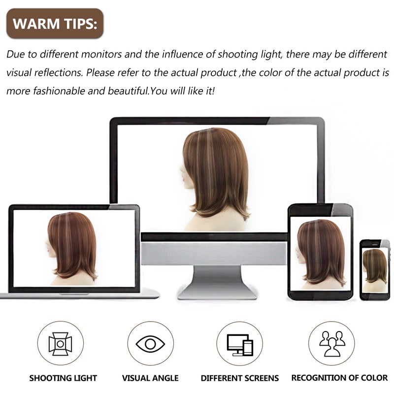 SEVENCOLORS Short Brown Mixed Blonde Bob Wigs for White Women Shoulder Length Synthetic Hair Wigs with Side Bangs Straight Blonde Highlights Womenâ€™s Wig - Image 5