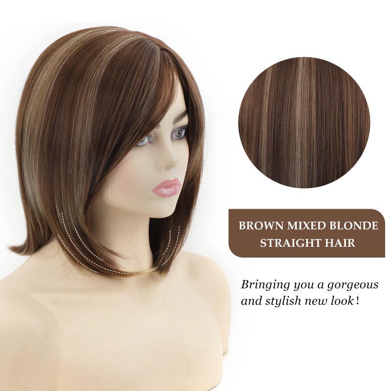 SEVENCOLORS Short Brown Mixed Blonde Bob Wigs for White Women Shoulder Length Synthetic Hair Wigs with Side Bangs Straight Blonde Highlights Womenâ€™s Wig - Image 3