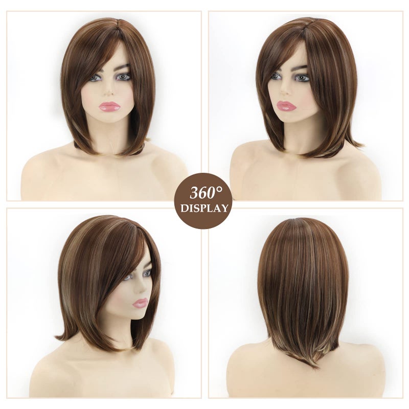 SEVENCOLORS Short Brown Mixed Blonde Bob Wigs for White Women Shoulder Length Synthetic Hair Wigs with Side Bangs Straight Blonde Highlights Womenâ€™s Wig - Image 4