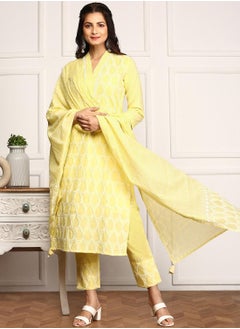 Regular Fit Embellished Pattern Round Neck Neck Three-Quarter Sleeve Yellow Colour Knitted Cotton Kurta Set for Women with Mid-Rise Closure - Unmatched Grace and Comfort