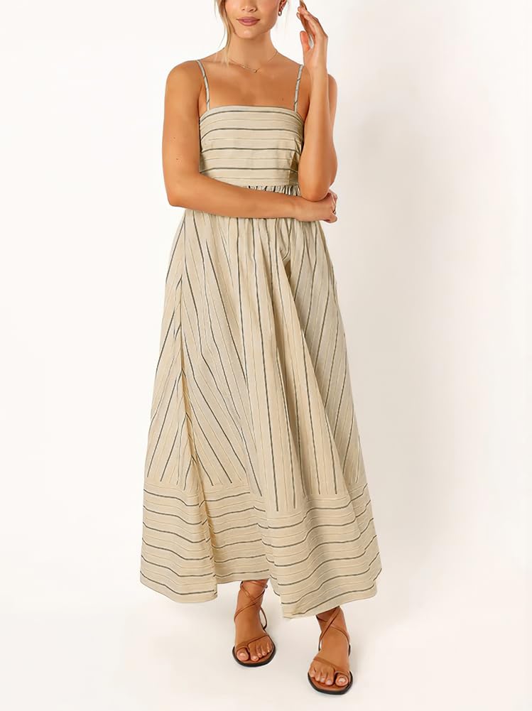 yoeasy Women's Striped Spaghetti Strap Cutout Maxi Dress Sleeveless Backless Flowy Swing Long Dress (Large, Apricot) - Image 5