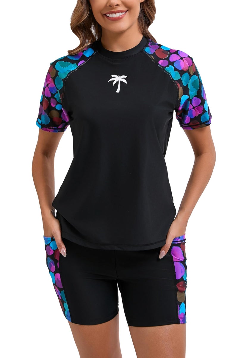 Halcurt Women's Built in Bra Rash Guard Set Sun Protection Short Sleeve Swimsuit Black M - Image 1