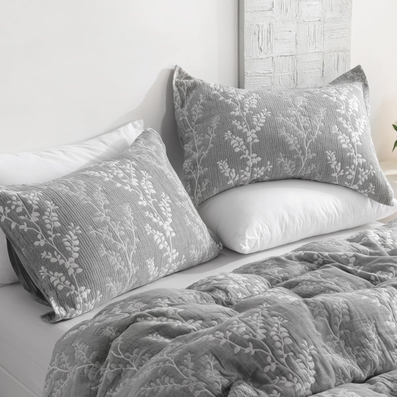 NTBAY Cotton King Pillow Shams, 3 Layer Muslin Breathable Soft Thermal Yarn Dyed Sham Covers, 2 Pack 20x36 Oxford Pillowcases with Envelope Closure, Grey Tree - Image 1