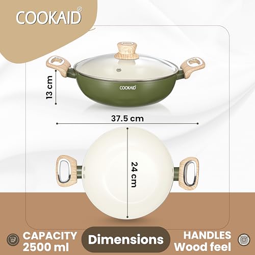COOKAID Kadhai with Glass Lid 22cm 2 Litre | Velora Non Stick Ceramic Coating | ISI Certified | Aluminium Body | Induction Stovetop Compatible | Home & Kitchen Cookware Kadai for Cooking | - Image 2