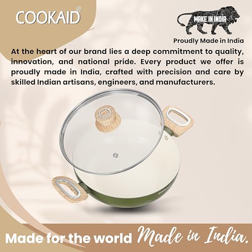 COOKAID Kadhai with Glass Lid 22cm 2 Litre | Velora Non Stick Ceramic Coating | ISI Certified | Aluminium Body | Induction Stovetop Compatible | Home & Kitchen Cookware Kadai for Cooking | - Image 3