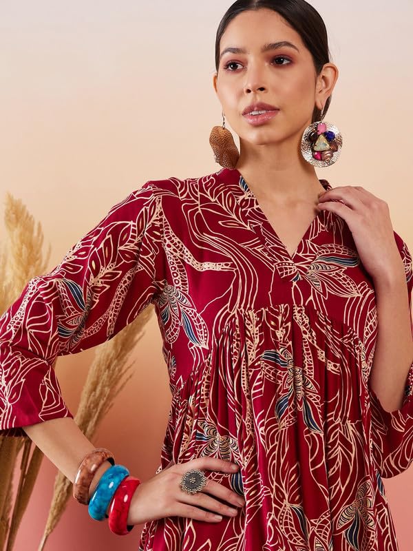 InWeave Maroon Beige Blue Print DEEP V Neck Flared Dress - Image 4