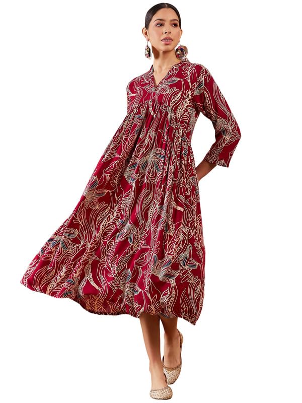 InWeave Maroon Beige Blue Print DEEP V Neck Flared Dress - Image 1