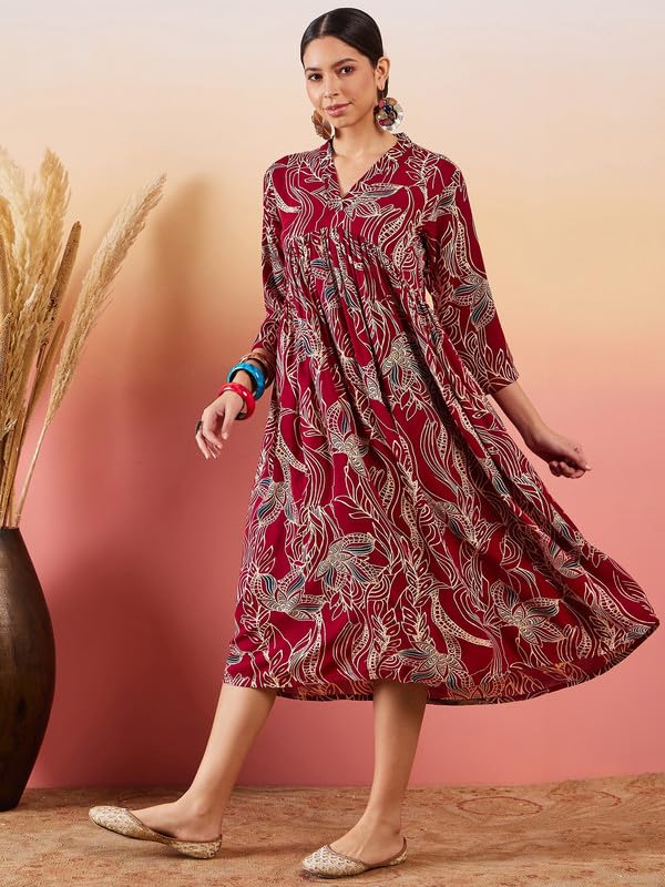 InWeave Maroon Beige Blue Print DEEP V Neck Flared Dress - Image 2