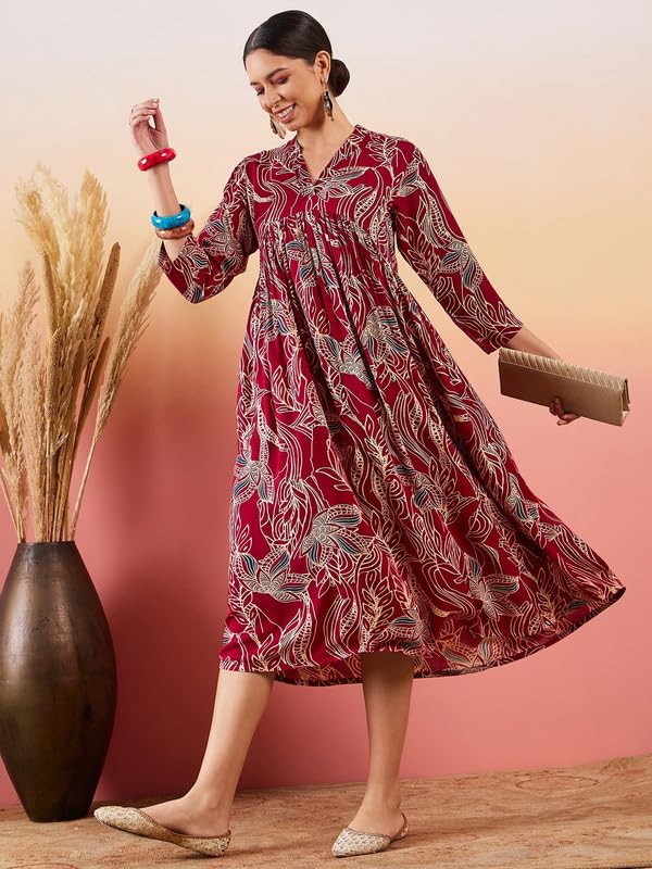 InWeave Maroon Beige Blue Print DEEP V Neck Flared Dress - Image 5