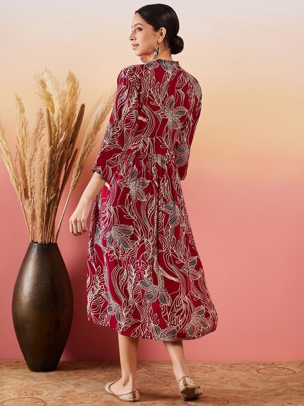 InWeave Maroon Beige Blue Print DEEP V Neck Flared Dress - Image 3