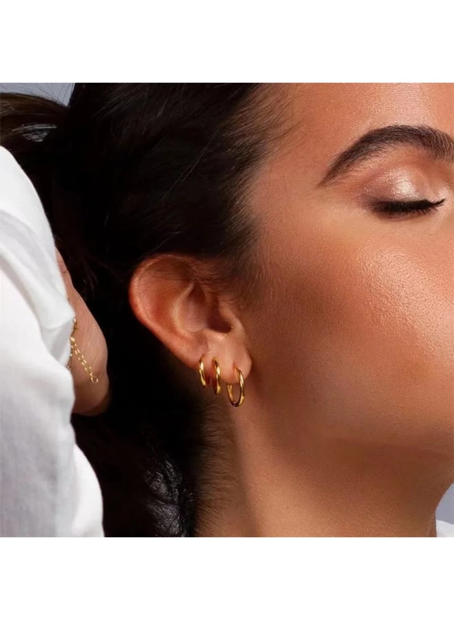 Luxuria 18K Gold Plated Thick Small Hoop Earrings Waterproof for Women, Large Hoop Earrings, Lightweight Hypoallergenic Earrings, Set of 3 Gold Stainless Steel Hoop Earrings for Women - Image 2