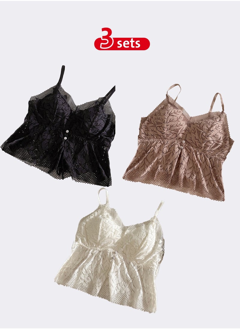 Generic - 3-Pack Lace Detail Crop Top with Bra Straps in Black, White, and Beige - Image 1