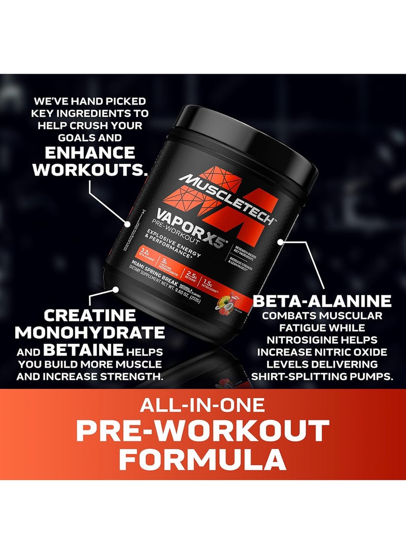MuscleTech Vapor X5 Pre-Workout, Explosive Energy & Performance, Research-Backed Key Ingredients | Increase Strength & Lean Muscle - 3.2g Beta-Alanine - 3g Creatine Monohydrate - 2.5g Betaine - 1.5g Nitrosigine - Miami Spring Break Natural & Artificial Flavors - Dietary Supplement - Net Wt 9.60 oz (272g) - Image 5