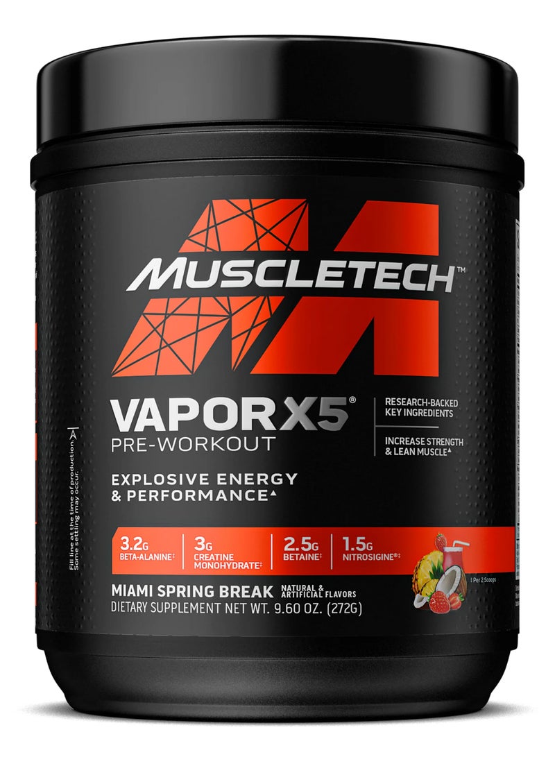 MuscleTech Vapor X5 Pre-Workout, Explosive Energy & Performance, Research-Backed Key Ingredients | Increase Strength & Lean Muscle - 3.2g Beta-Alanine - 3g Creatine Monohydrate - 2.5g Betaine - 1.5g Nitrosigine - Miami Spring Break Natural & Artificial Flavors - Dietary Supplement - Net Wt 9.60 oz (272g) - Image 1