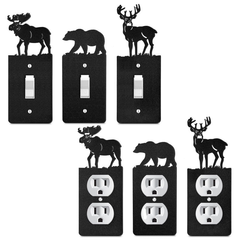 Lothee 6 Pcs Metal Bear Light Switch Cover Plate Moose Tree Mountain Elk Forest Outlet Plate Toggle Outlet Wall Cover for HomeSingle Toggle