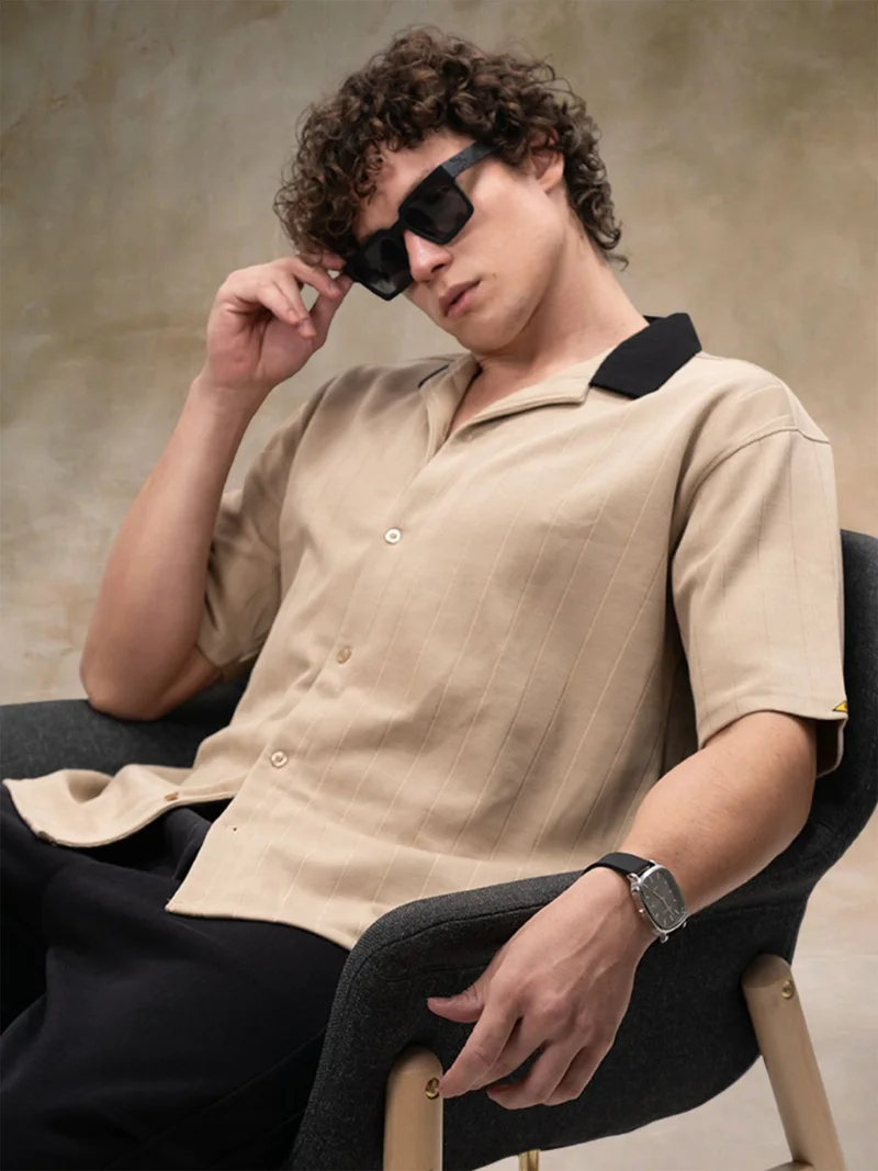 مانياك Maniac Mens Brooklyn Texture Collared Neck Full Sleeve Biscuit Cotton Shirt