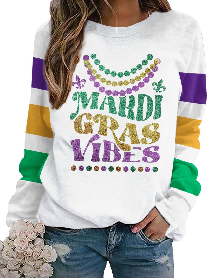 MYHALF Mardi Gras Shirts for Women: Tuesday Long Sleeve Tshirt Carnival Graphic Tees Tops Funny Holiday Parade Outfits White a - Image 1