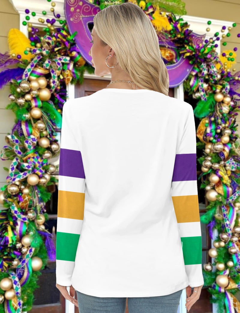 MYHALF Mardi Gras Shirts for Women: Tuesday Long Sleeve Tshirt Carnival Graphic Tees Tops Funny Holiday Parade Outfits White a - Image 2