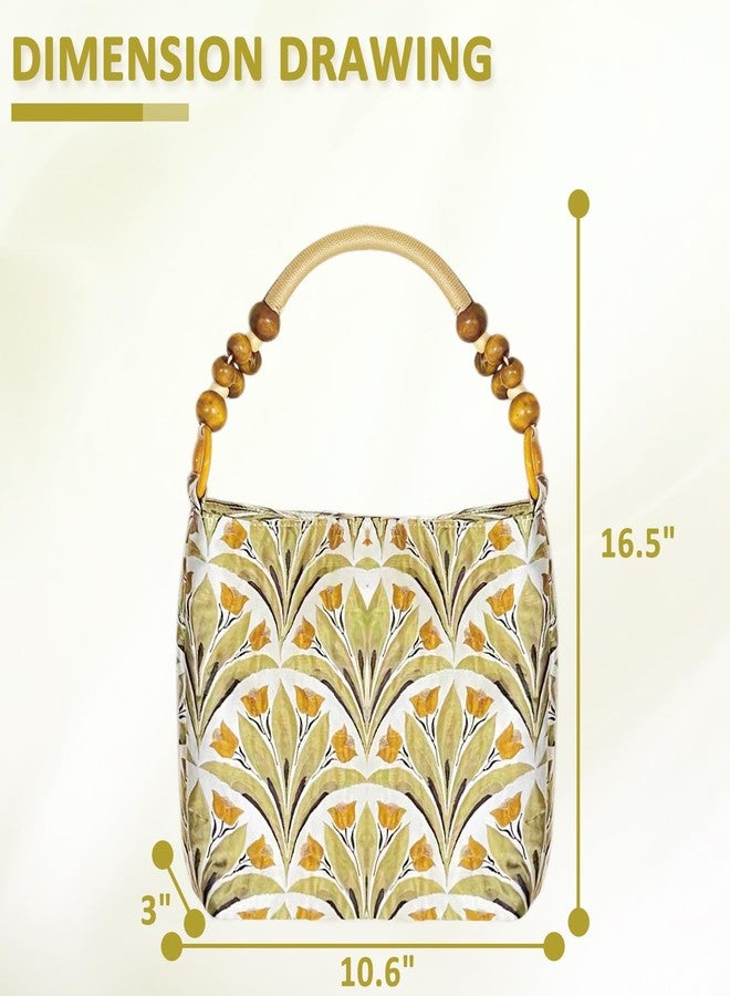 QTKJ Tote Bag, Handbags for Women, Vintage Suzuran Satin Shoulder Bag, Wooden Beaded Shoulder Strap Underarm Bag, Bohemian Travel Bag for Vacation Daily - Image 2