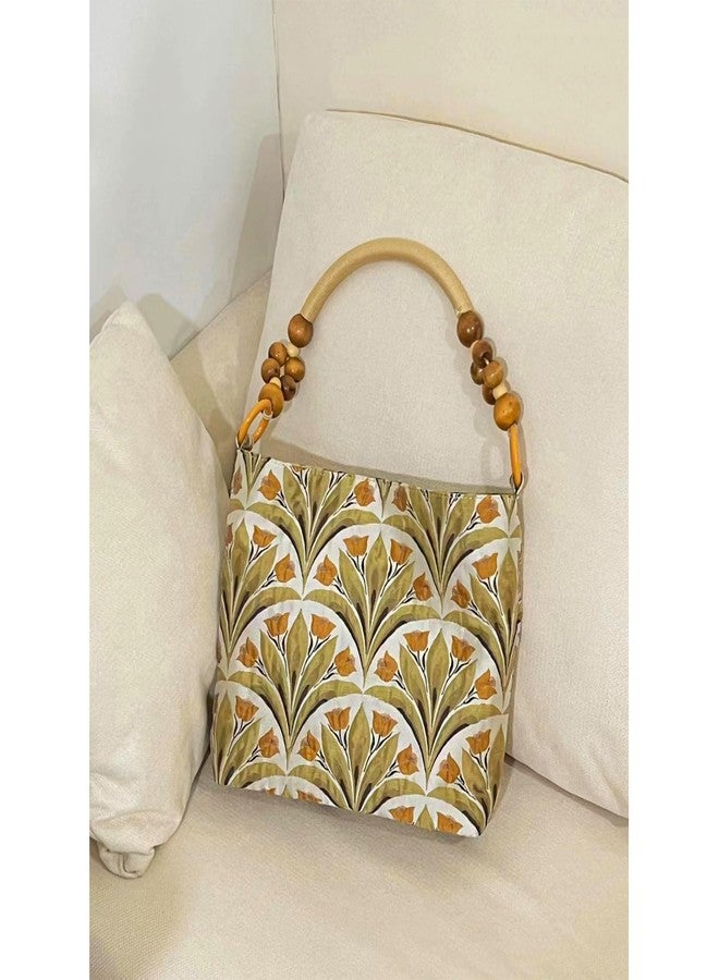QTKJ Tote Bag, Handbags for Women, Vintage Suzuran Satin Shoulder Bag, Wooden Beaded Shoulder Strap Underarm Bag, Bohemian Travel Bag for Vacation Daily - Image 3