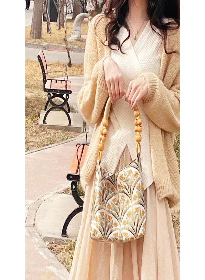 QTKJ Tote Bag, Handbags for Women, Vintage Suzuran Satin Shoulder Bag, Wooden Beaded Shoulder Strap Underarm Bag, Bohemian Travel Bag for Vacation Daily - Image 5