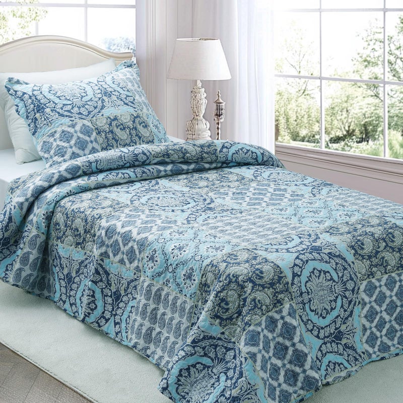 KASENTEX Twin Quilt Set Lightweight Bedspread CoverletCountryChic Printed PreWashed Quilt Bedding Set Microfiber Fabric Quilted Pattern BeddingLight Blue Paisley 86x68