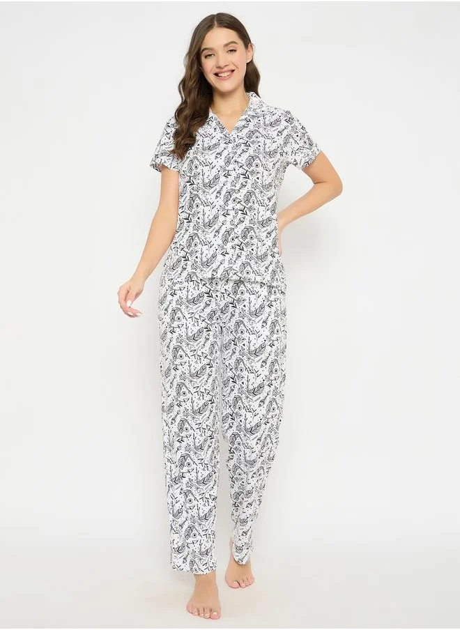 Clovia Clovia All-Over Print Cotton Shirt and Pyjama Set