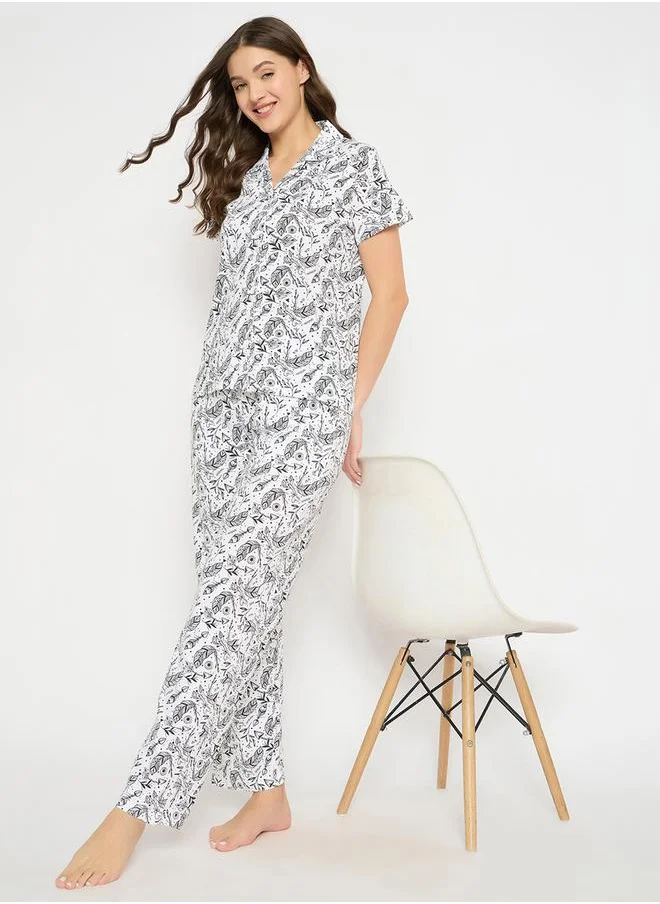 Clovia Clovia All-Over Print Cotton Shirt and Pyjama Set