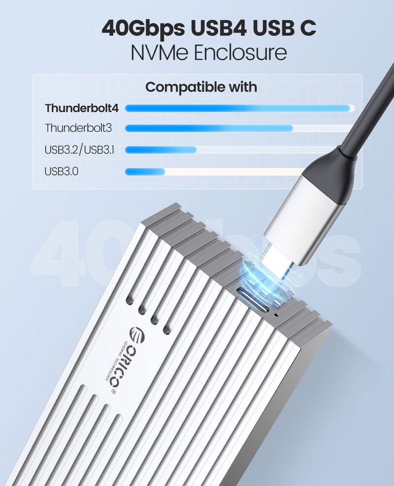 ORICO 40Gbps NVMe SSD Enclosure, M.2 to USB-C Adapter for NVMe M-Key 4TB SSD 2280, Aluminum M2 External SSD Case, Compatible with Thunderbolt 3/4 USB3.2/3.1/3.0/Type-M234-Silver - Image 2