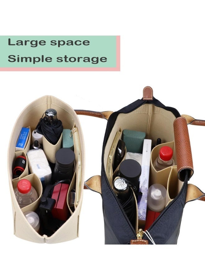 GRUCIY Tote bag organizer insert for Longchamp le pliage large tote insert felt purse zipper bag organizer beige S size - Image 2