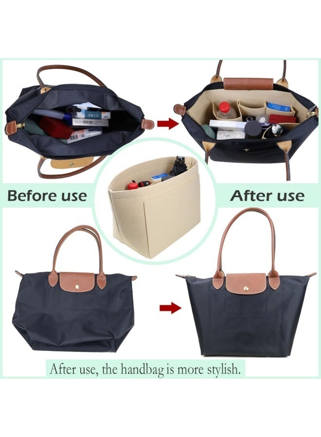 GRUCIY Tote bag organizer insert for Longchamp le pliage large tote insert felt purse zipper bag organizer beige S size - Image 4