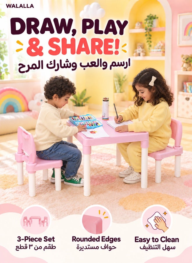 WALALLA Toddler Table and Chair Set, 3 Piece Plastic Easy Clean Children Activity Desk for Reading, Drawing, Snack Time, Arts Crafts, Preschool, Kindergarten & Playroom, Kid Table and Chair Set ,Pink - Image 1
