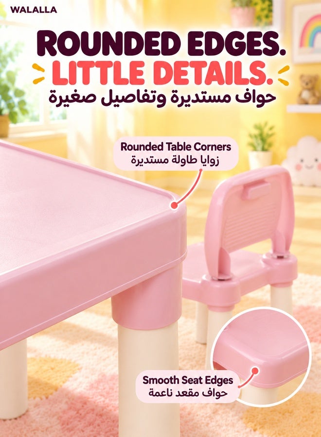 WALALLA Toddler Table and Chair Set, 3 Piece Plastic Easy Clean Children Activity Desk for Reading, Drawing, Snack Time, Arts Crafts, Preschool, Kindergarten & Playroom, Kid Table and Chair Set ,Pink - Image 4
