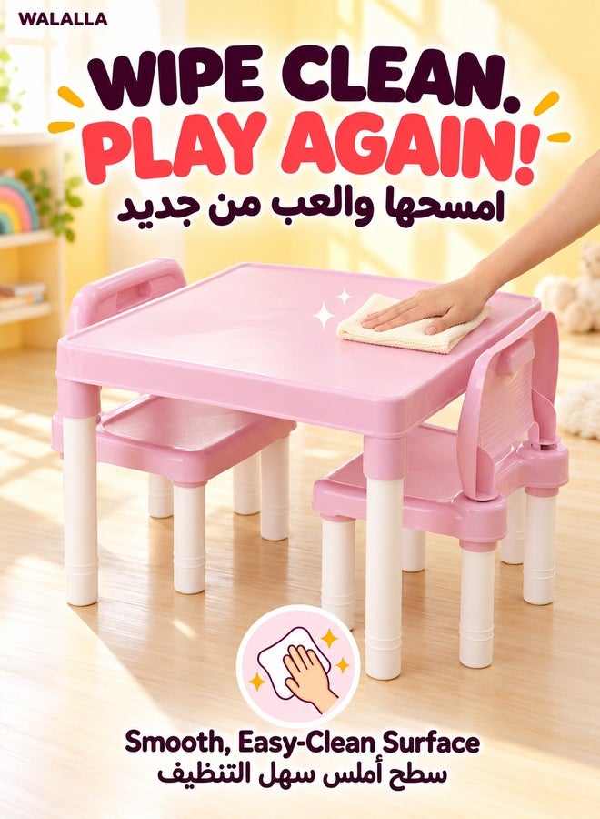 WALALLA Toddler Table and Chair Set, 3 Piece Plastic Easy Clean Children Activity Desk for Reading, Drawing, Snack Time, Arts Crafts, Preschool, Kindergarten & Playroom, Kid Table and Chair Set ,Pink - Image 3