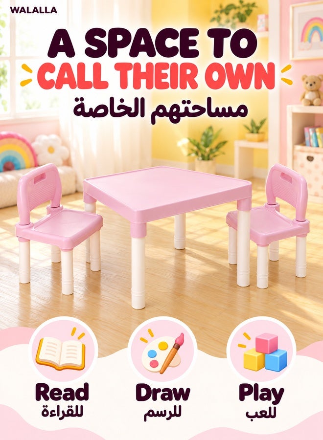 WALALLA Toddler Table and Chair Set, 3 Piece Plastic Easy Clean Children Activity Desk for Reading, Drawing, Snack Time, Arts Crafts, Preschool, Kindergarten & Playroom, Kid Table and Chair Set ,Pink - Image 2