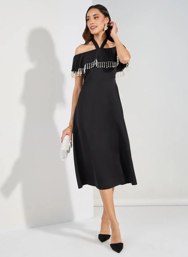 Styli Halter Cold Shoulder Embellished Midi Dress
