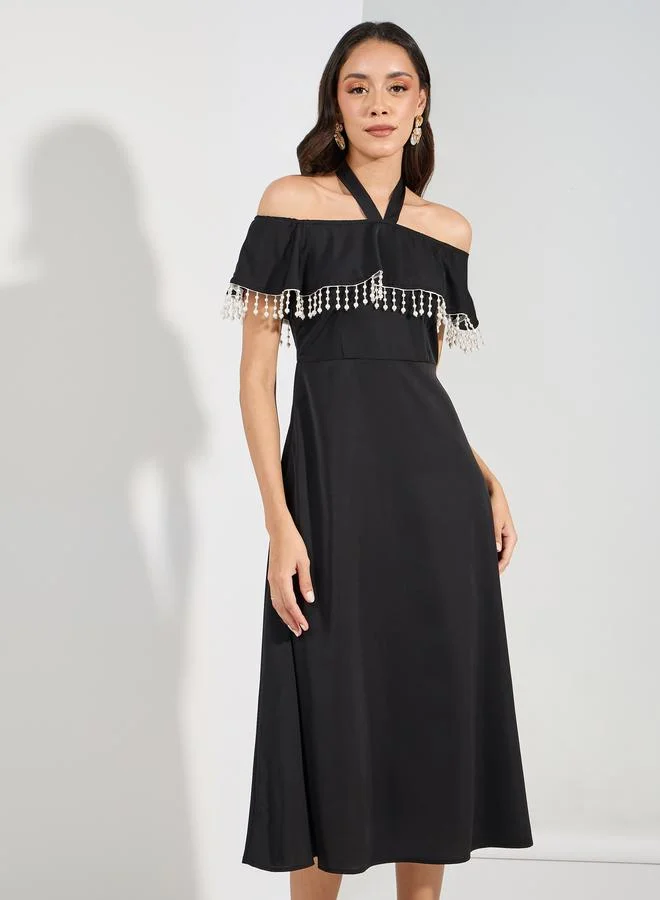 Styli Halter Cold Shoulder Embellished Midi Dress