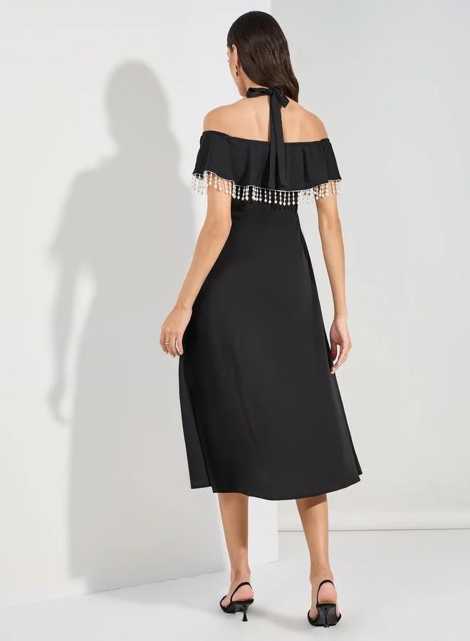 Styli Halter Cold Shoulder Embellished Midi Dress