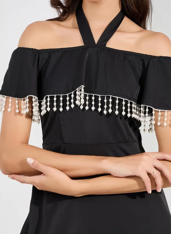 Styli Halter Cold Shoulder Embellished Midi Dress