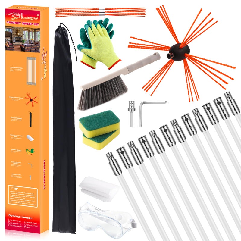 BlueSea Bluesea 39 Feet Chimney Sweep Kit Ergonomic Chimney Cleaning System with Strong Brush Extends Up to 39 Feet Includes 12 Flexible Chimney Rods 