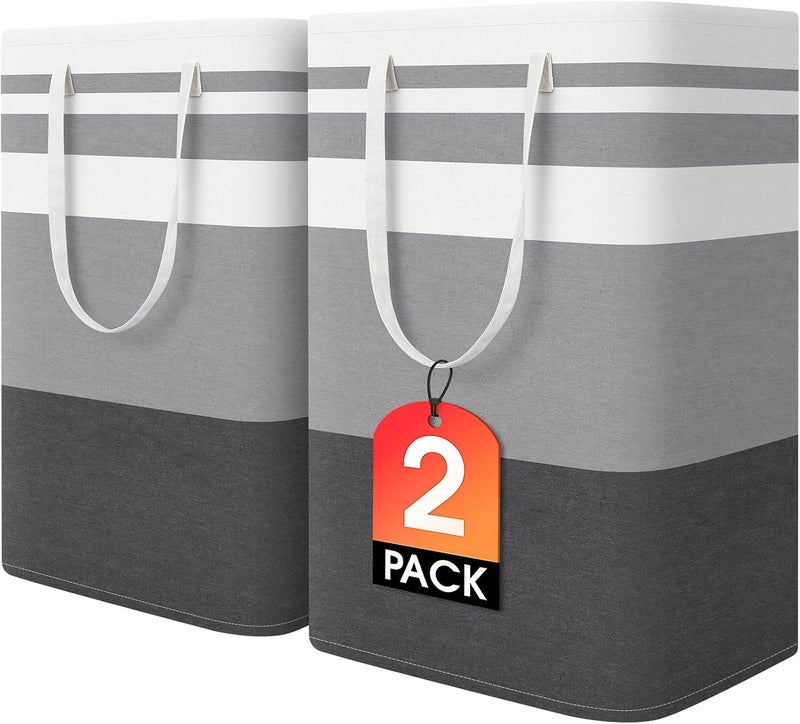 HomeHacks حزمة HomeHacks المزدوجة لسلة الغسيل الكبيرة، مقاومة للماء، سلة غسيل قائمة بذاتها، سلة ملابس طويلة قابلة للطي بمقابض ممتدة للملابس والألعاب في السكن الجامعي والعائلة - (رمادي متدرج، 75 لتر) - Image 1
