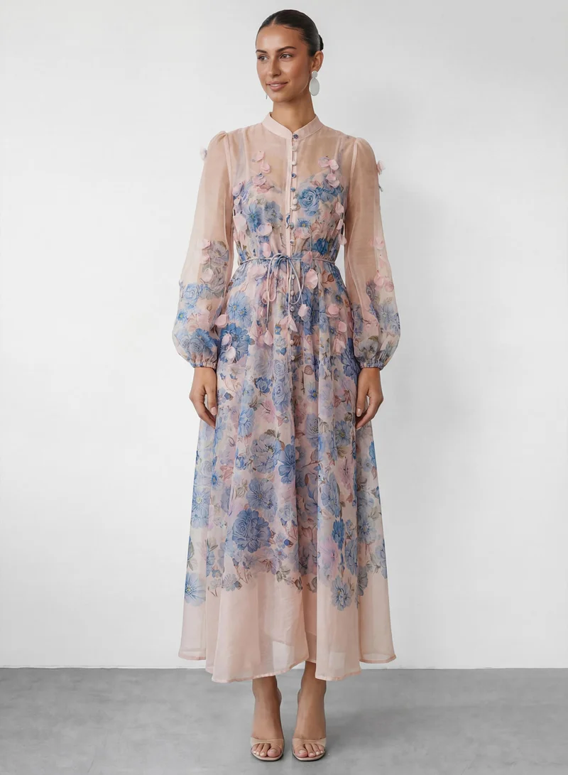 سنفير Lazy Day Blue Floral Print Long Sleeve Maxi Dress