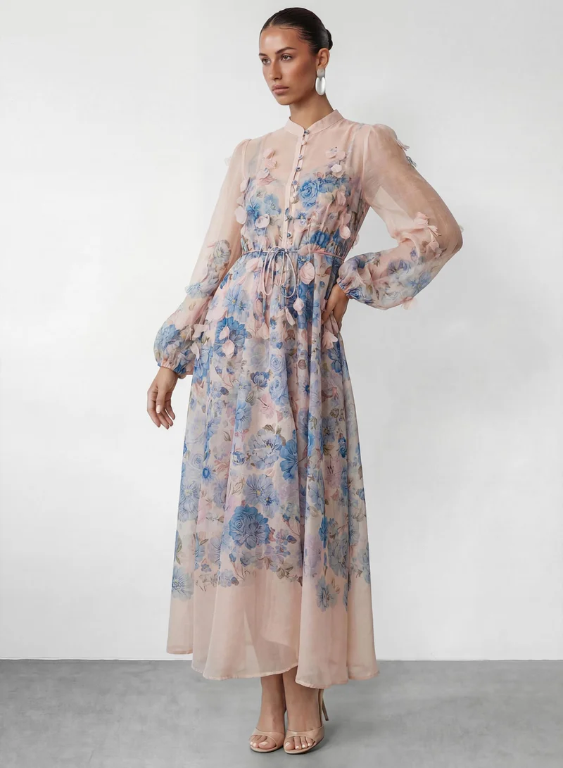 سنفير Lazy Day Blue Floral Print Long Sleeve Maxi Dress