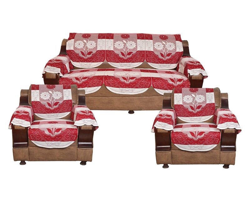 A CUBE LUXURY SOLUTIONS A CUBE LUXURY SOLUTIONS Net 5 Seater Sofa Cover with 6 Arms Set of 17 Piece Maroon  - Image 1