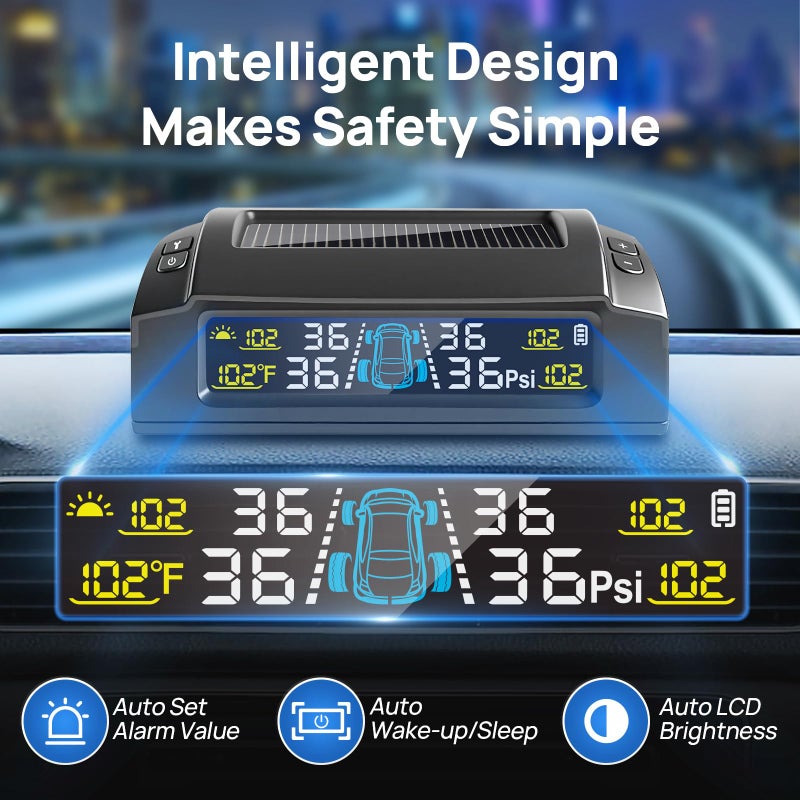 Masoll RV Tire Pressure Monitoring System, M23 Tire Pressure Monitor with Solar Charge & Auto Calibration, TPMS with 4 Sensors & 6 Alarm Modes & HD Color Display, 0-87 PSI for RV/Trailer/Camper/Sedan - Image 4