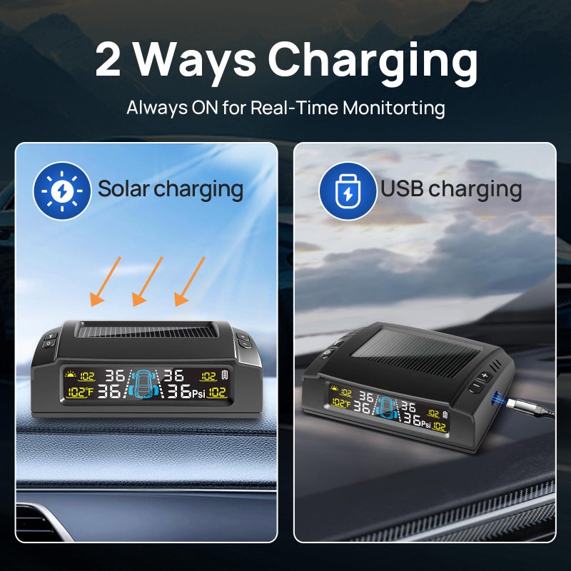 Masoll RV Tire Pressure Monitoring System, M23 Tire Pressure Monitor with Solar Charge & Auto Calibration, TPMS with 4 Sensors & 6 Alarm Modes & HD Color Display, 0-87 PSI for RV/Trailer/Camper/Sedan - Image 3