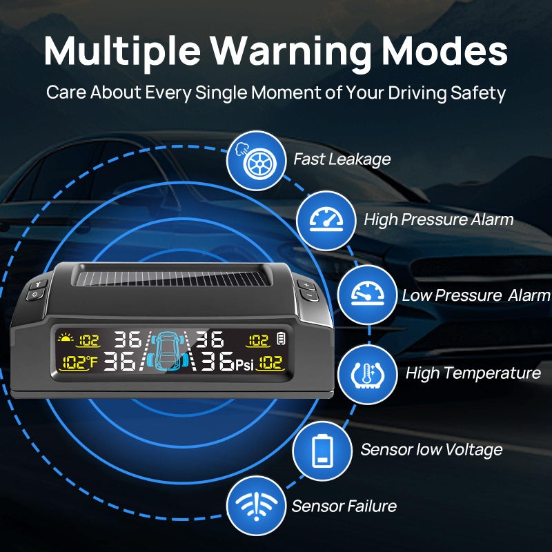 Masoll RV Tire Pressure Monitoring System, M23 Tire Pressure Monitor with Solar Charge & Auto Calibration, TPMS with 4 Sensors & 6 Alarm Modes & HD Color Display, 0-87 PSI for RV/Trailer/Camper/Sedan - Image 2