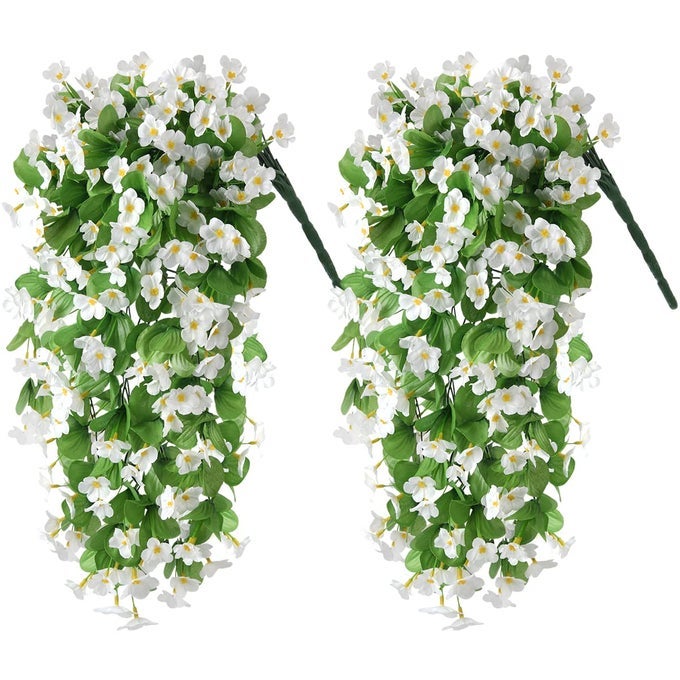 Artificial Fake Hanging Flowers Plants for Outdoor Spring Summer Decoration 2PCS Faux Silk Violet UV Resistant Look Real Trailing Vines for Outside Home Planter Porch PatioWhite