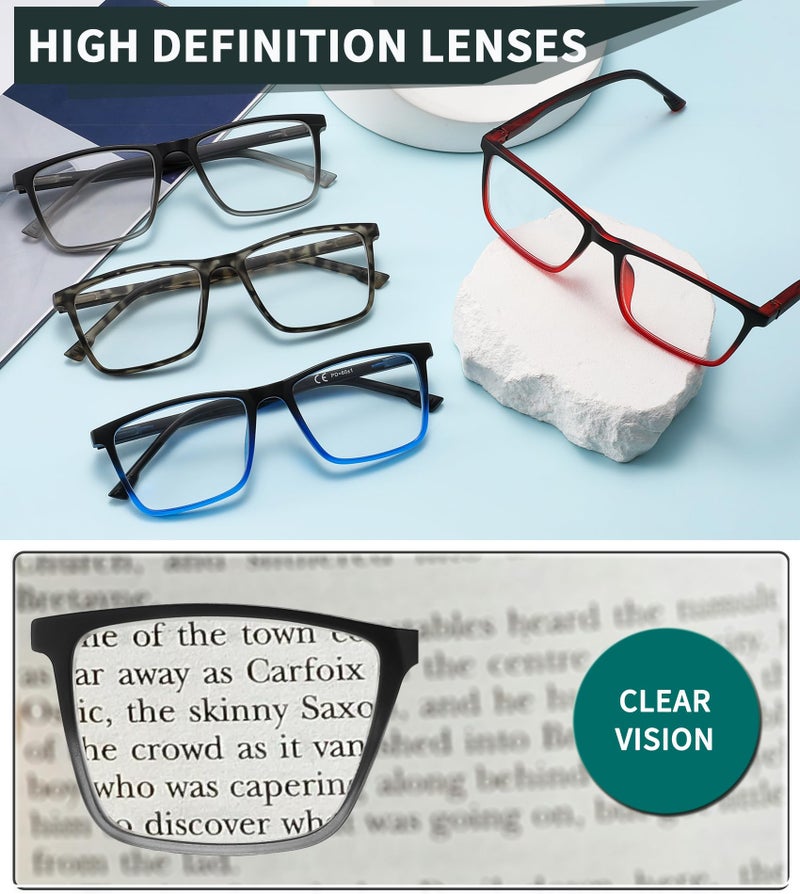 READITEASY Reading Glasses Men Blue Light Blocking 4 Pack, Wide Computer Readers for Men with Spring Hinge Reduce Eyestrain/UV/Dryness, Square Large Trendy Eyeglasses 1.0 - Image 3