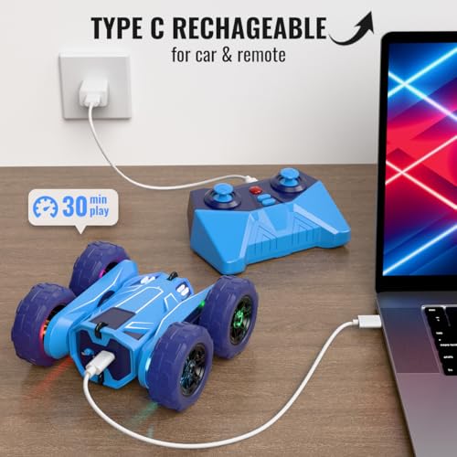 MaxTronic Remote Control Car Rechargeable RC Cars Remote Controller 20kmh Double Sided 360 Rotation Stunt Stunt Crawler with LED Lights for Boys Girls Aged 313 - Image 5